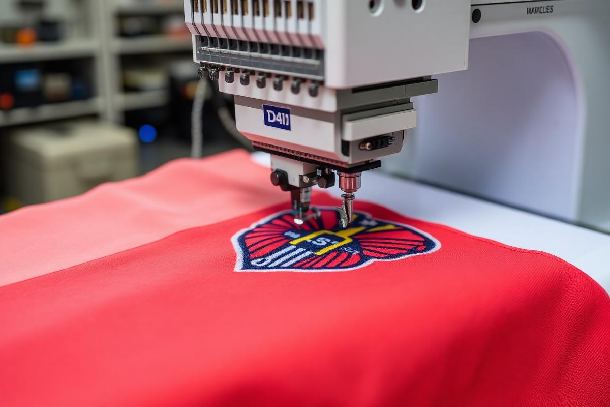 เครื่องปักคอมพิวเตอร์กำลังปักตราสัญลักษณ์บนเสื้อกีฬาสีแดง