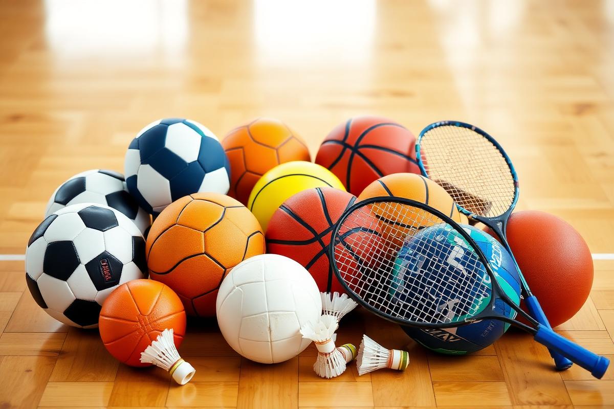 ลูกบอลและไม้แร็กเกตหลายชนิดบนพื้นสนามในโรงยิม